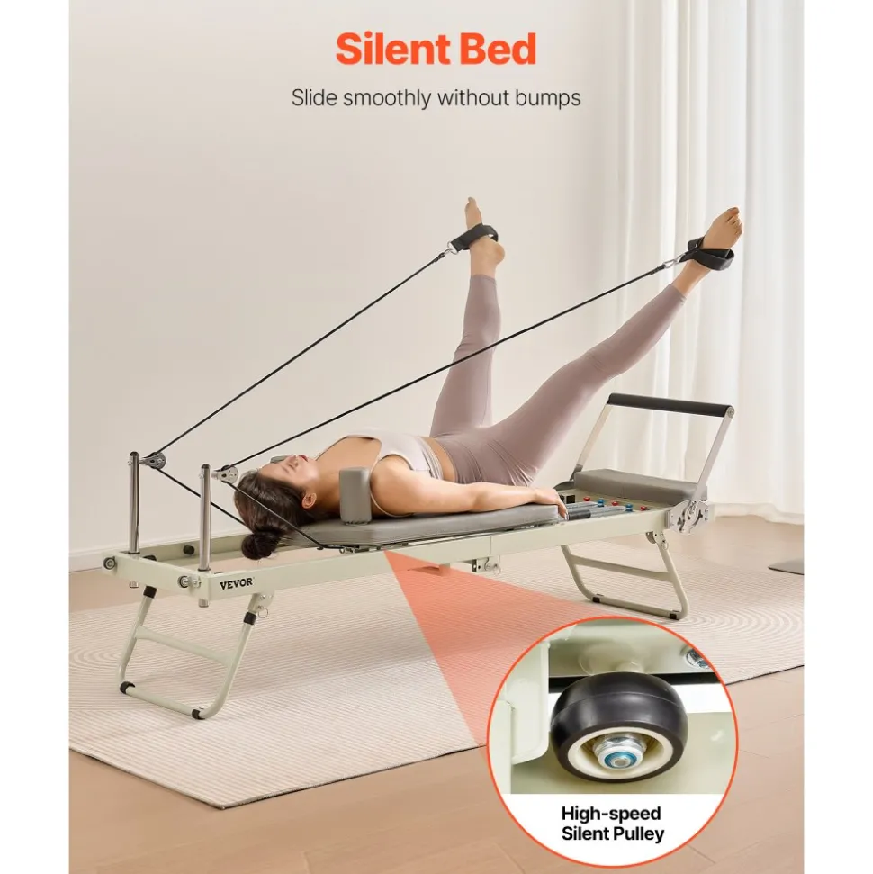 VEVOR Foldable Pilates Reformer, Pilates Workout Machine for Home Gym Studio Use, Pilates Bed with Dual Resistance- Spring & Cord, Reformer Set for Advanced Users and Beginners, Up to 400 LBS