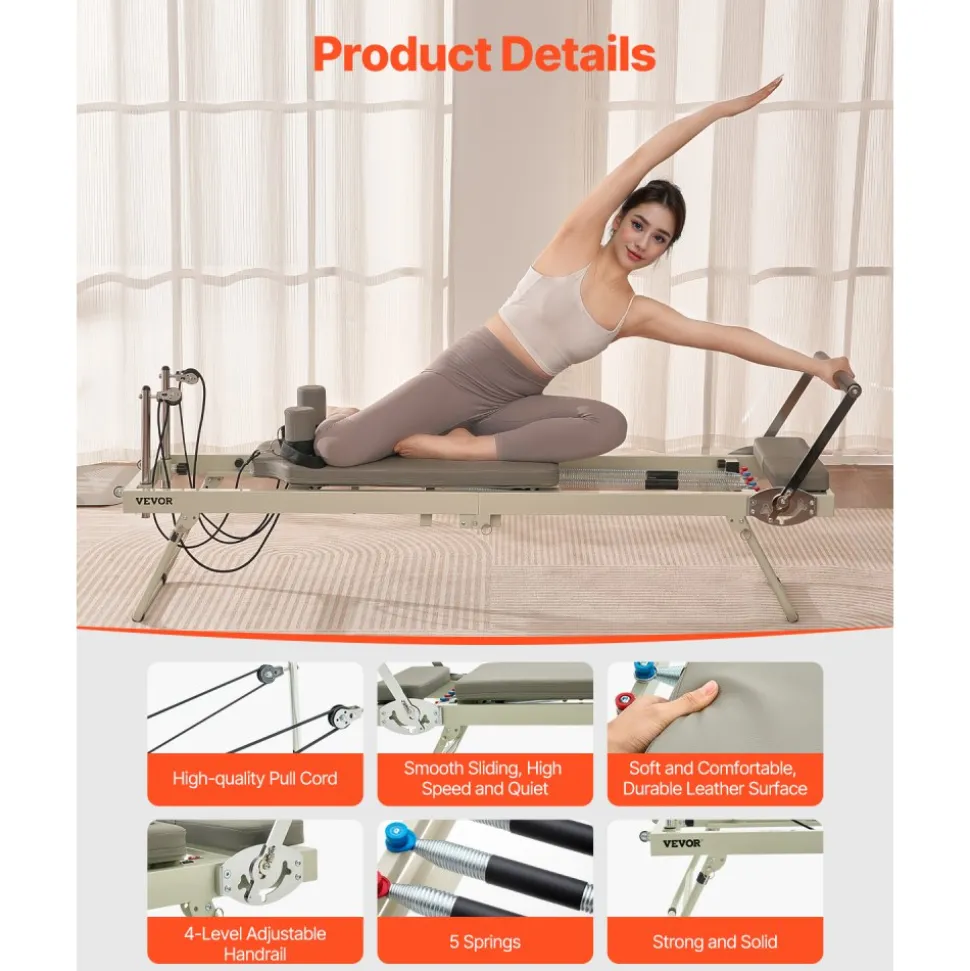 VEVOR Foldable Pilates Reformer, Pilates Workout Machine for Home Gym Studio Use, Pilates Bed with Dual Resistance- Spring & Cord, Reformer Set for Advanced Users and Beginners, Up to 400 LBS