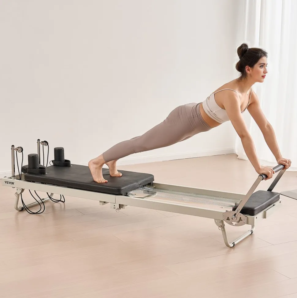 VEVOR Foldable Pilates Reformer, Pilates Workout Machine for Home Gym Studio Use, Pilates Bed with Dual Resistance- Spring & Cord, Reformer Set for Advanced Users and Beginners, Up to 400 LBS