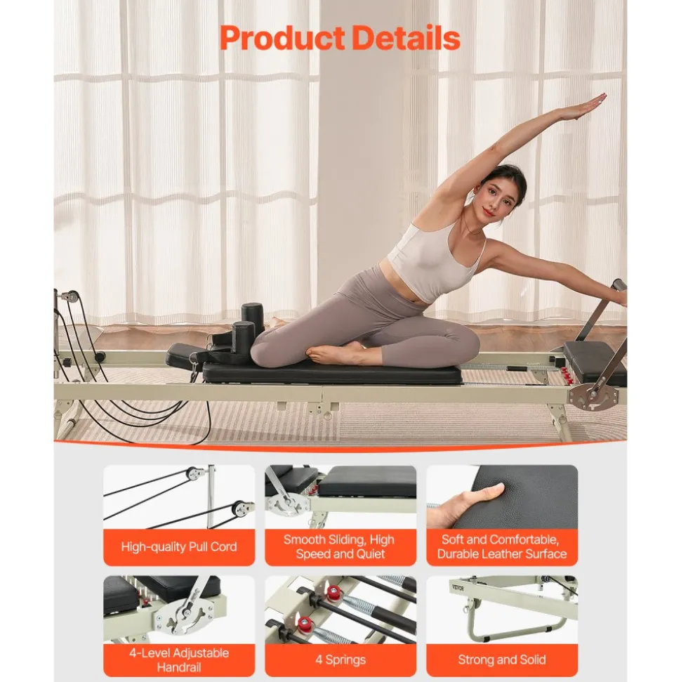 VEVOR Foldable Pilates Reformer, Pilates Workout Machine for Home Gym Studio Use, Pilates Bed with Dual Resistance- Spring & Cord, Reformer Set for Advanced Users and Beginners, Up to 400 LBS
