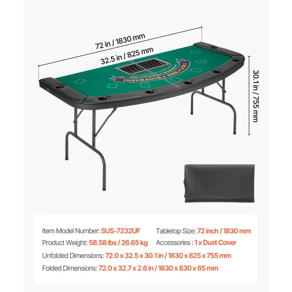 VEVOR Foldable Poker Table, 7 Player 72 in Folding Casino Leisure Table with Padded Rails & Cup Holders, Semi-oval Portable Game Tables with Felt & Metal Legs, for Texas Hold'em Game and Blackjack