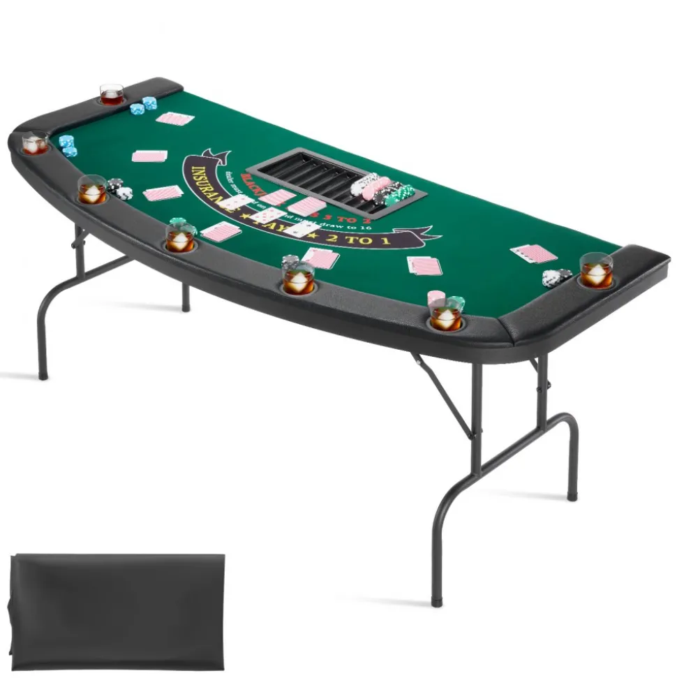 VEVOR Foldable Poker Table, 7 Player 72 in Folding Casino Leisure Table with Padded Rails & Cup Holders, Semi-oval Portable Game Tables with Felt & Metal Legs, for Texas Hold'em Game and Blackjack
