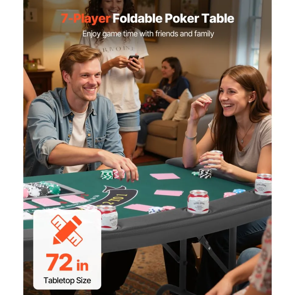 VEVOR Foldable Poker Table, 7 Player 72 in Folding Casino Leisure Table with Padded Rails & Cup Holders, Semi-oval Portable Game Tables with Felt & Metal Legs, for Texas Hold'em Game and Blackjack