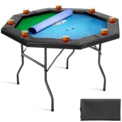 VEVOR Foldable Poker Table, 8 Player 48 in Folding Casino Leisure Table with Padded Rails & Cup Holders, Octagonal Portable Game Tables with Felt & Metal Legs, for Texas Hold'em Game and Blackjack