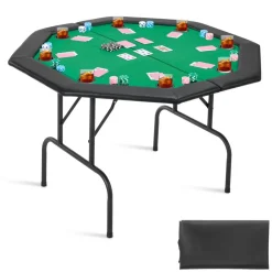 VEVOR Foldable Poker Table, 8 Player 48 in Folding Casino Leisure Table with Padded Rails & Cup Holders, Octagonal Portable Game Tables with Felt & Metal Legs, for Texas Hold'em Game and Blackjack