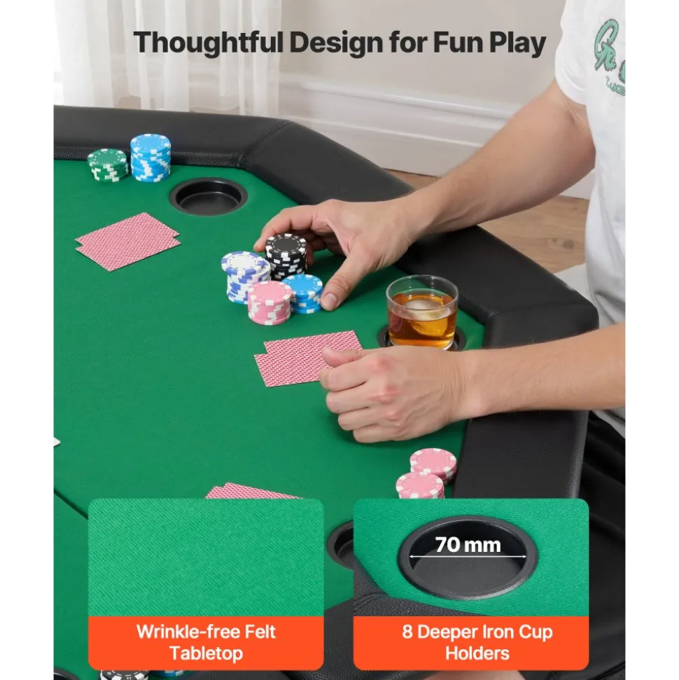VEVOR Foldable Poker Table, 8 Player 48 in Folding Casino Leisure Table with Padded Rails & Cup Holders, Octagonal Portable Game Tables with Felt & Metal Legs, for Texas Hold'em Game and Blackjack