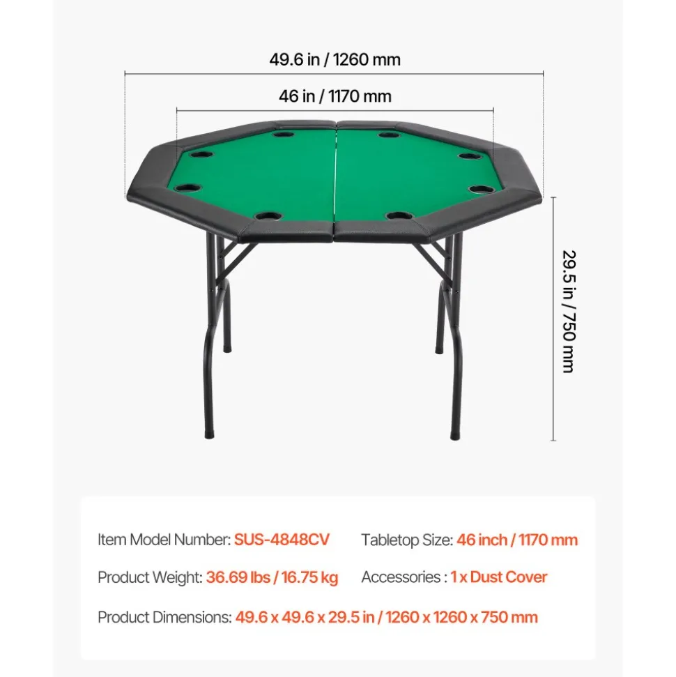 VEVOR Foldable Poker Table, 8 Player 48 in Folding Casino Leisure Table with Padded Rails & Cup Holders, Octagonal Portable Game Tables with Felt & Metal Legs, for Texas Hold'em Game and Blackjack