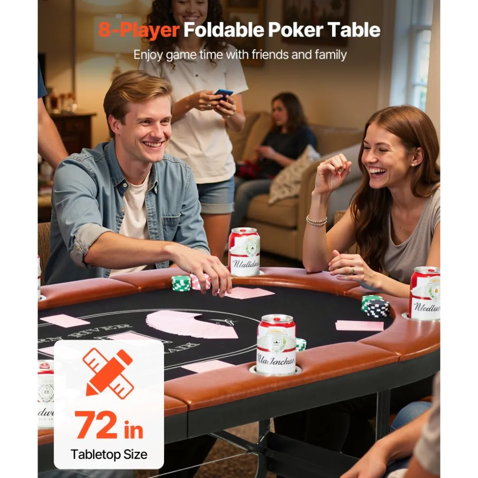 VEVOR Foldable Poker Table, 8 Player 72 in Folding Casino Leisure Table with Padded Rails and Cup Holders, Oval Portable Game Tables with Felt & Metal Legs, for Texas Hold'em Game and Blackjack