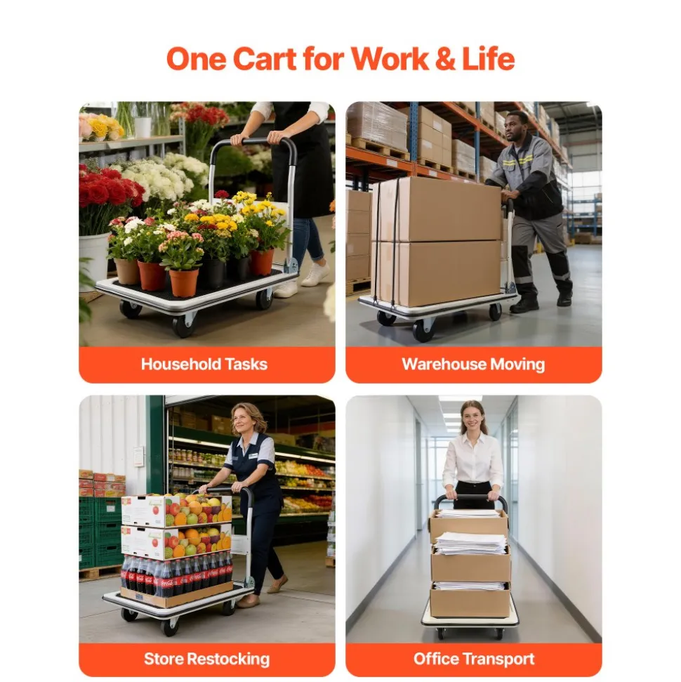 VEVOR Foldable Push Cart Dolly, 330 lbs Load Capacity, Folding Platform Truck with Swivel Wheels, Moving Platform Hand Truck Flatbed Cart, Space Saving Push Handle, for Easy Storage, 29 x 18.9 x 32.5 in