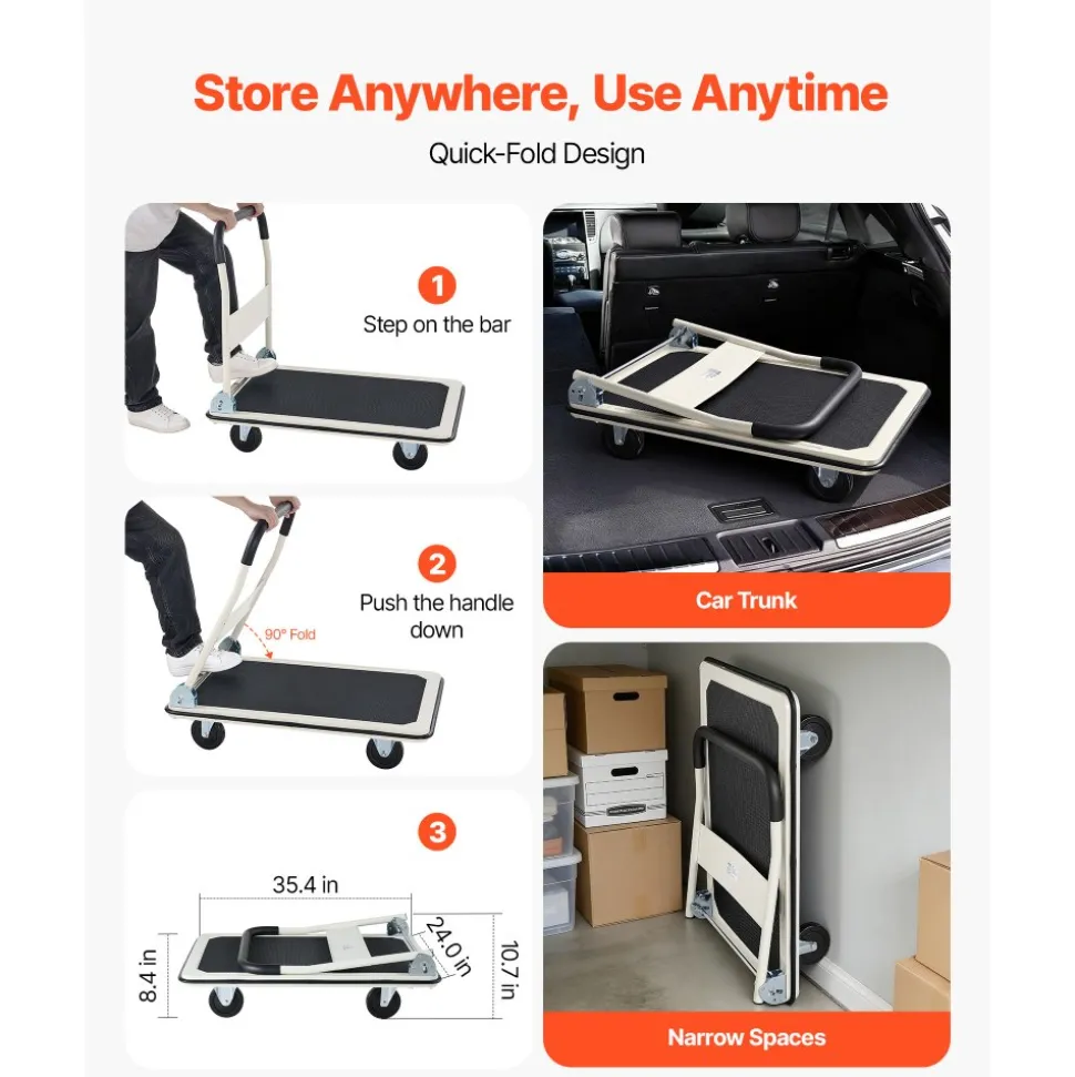 VEVOR Foldable Push Cart Dolly, 330 lbs Load Capacity, Folding Platform Truck with Swivel Wheels, Moving Platform Hand Truck Flatbed Cart, Space Saving Push Handle, for Easy Storage, 29 x 18.9 x 32.5 in