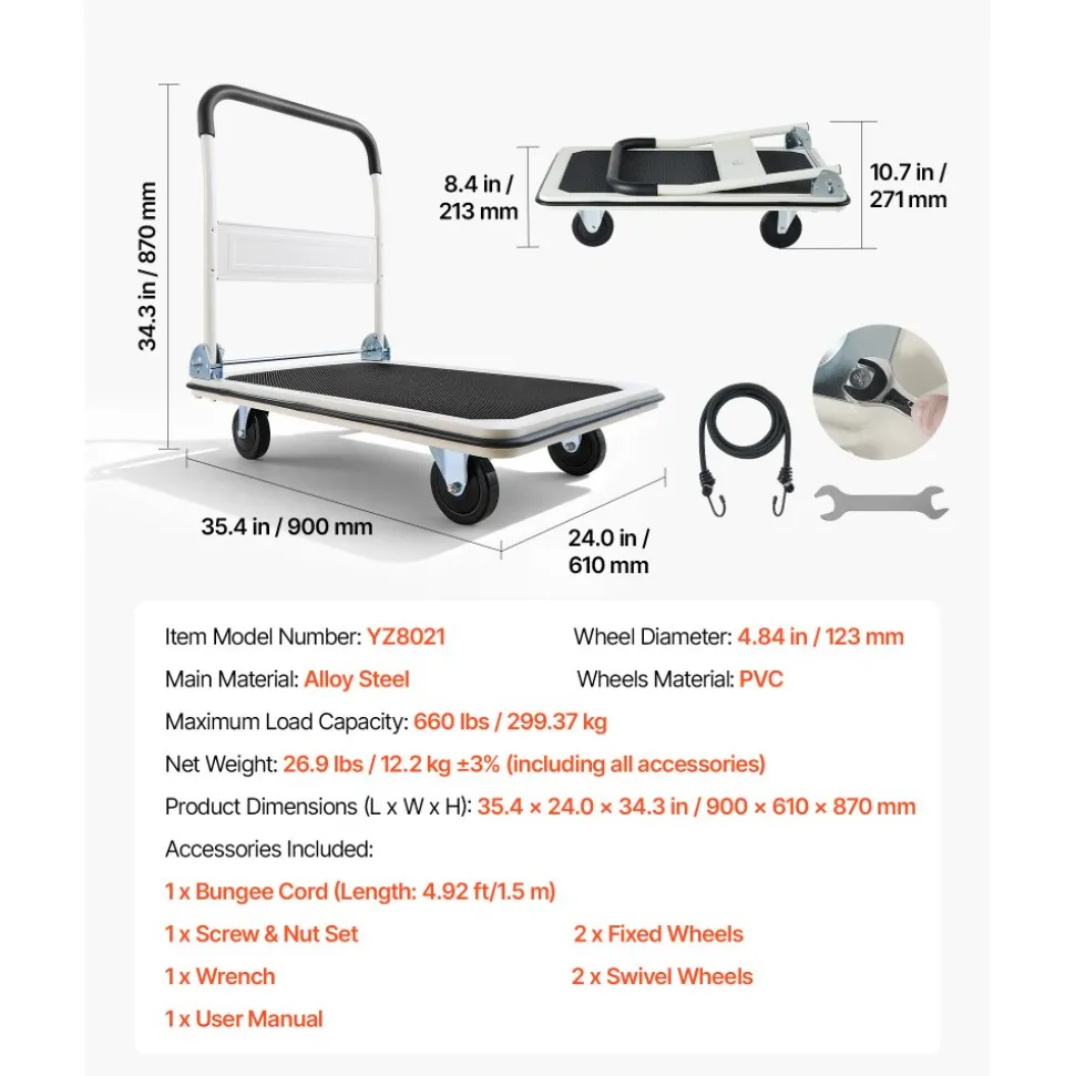 VEVOR Foldable Push Cart Dolly, 330 lbs Load Capacity, Folding Platform Truck with Swivel Wheels, Moving Platform Hand Truck Flatbed Cart, Space Saving Push Handle, for Easy Storage, 29 x 18.9 x 32.5 in