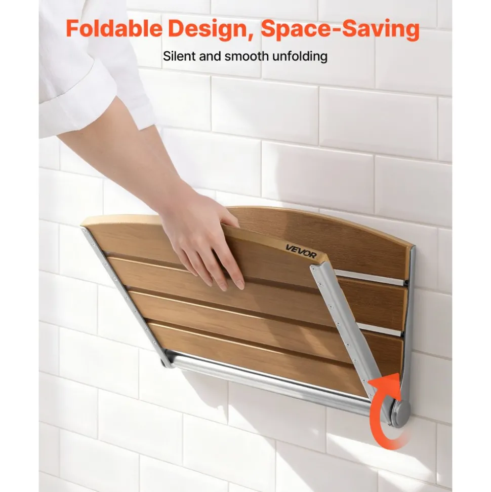 VEVOR Foldable Shower Seat Wall Mounted, 17.7" Folding Shower Bench with Supportive Backrest, Fold-Down Bathroom Corridor Seat with Stainless Steel Frame for Adults Seniors, 400LBS Loading