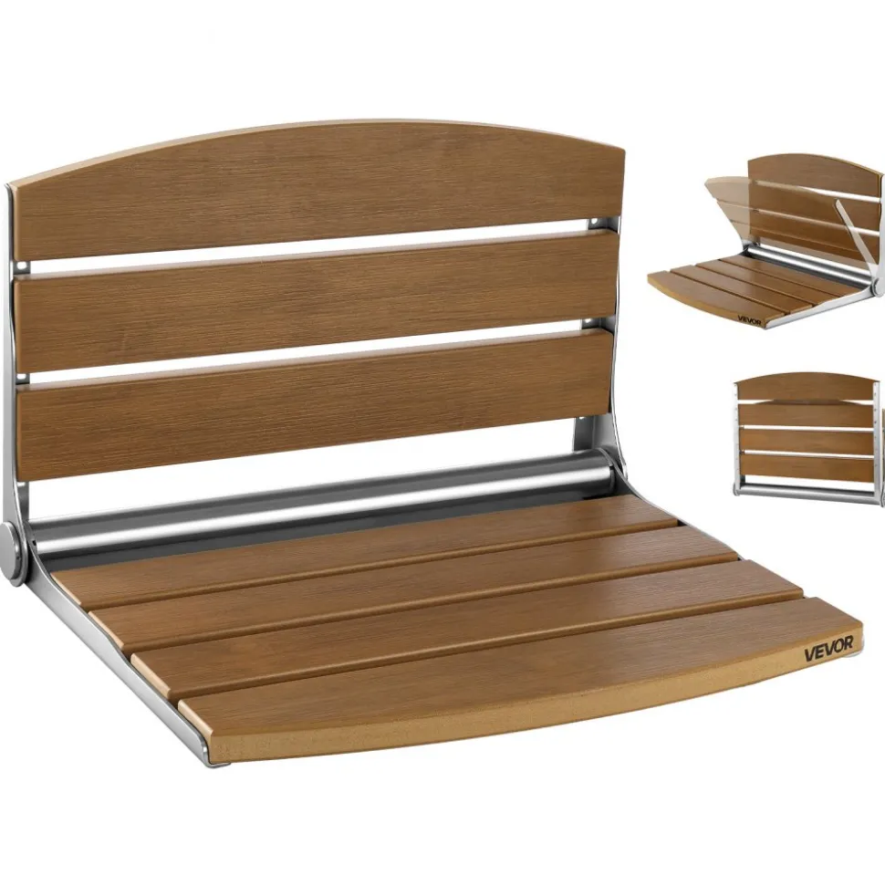 VEVOR Foldable Shower Seat Wall Mounted, 17.7" Folding Shower Bench with Supportive Backrest, Fold-Down Bathroom Corridor Seat with Stainless Steel Frame for Adults Seniors, 400LBS Loading