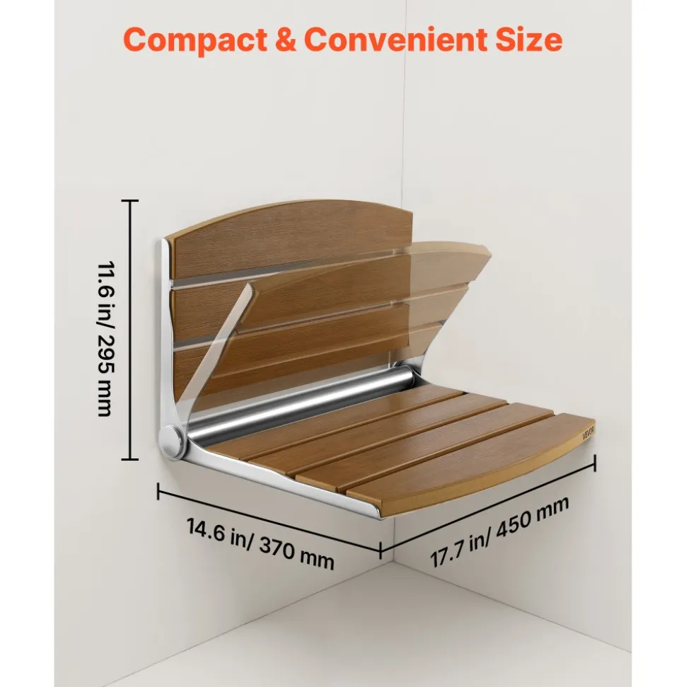 VEVOR Foldable Shower Seat Wall Mounted, 17.7" Folding Shower Bench with Supportive Backrest, Fold-Down Bathroom Corridor Seat with Stainless Steel Frame for Adults Seniors, 400LBS Loading