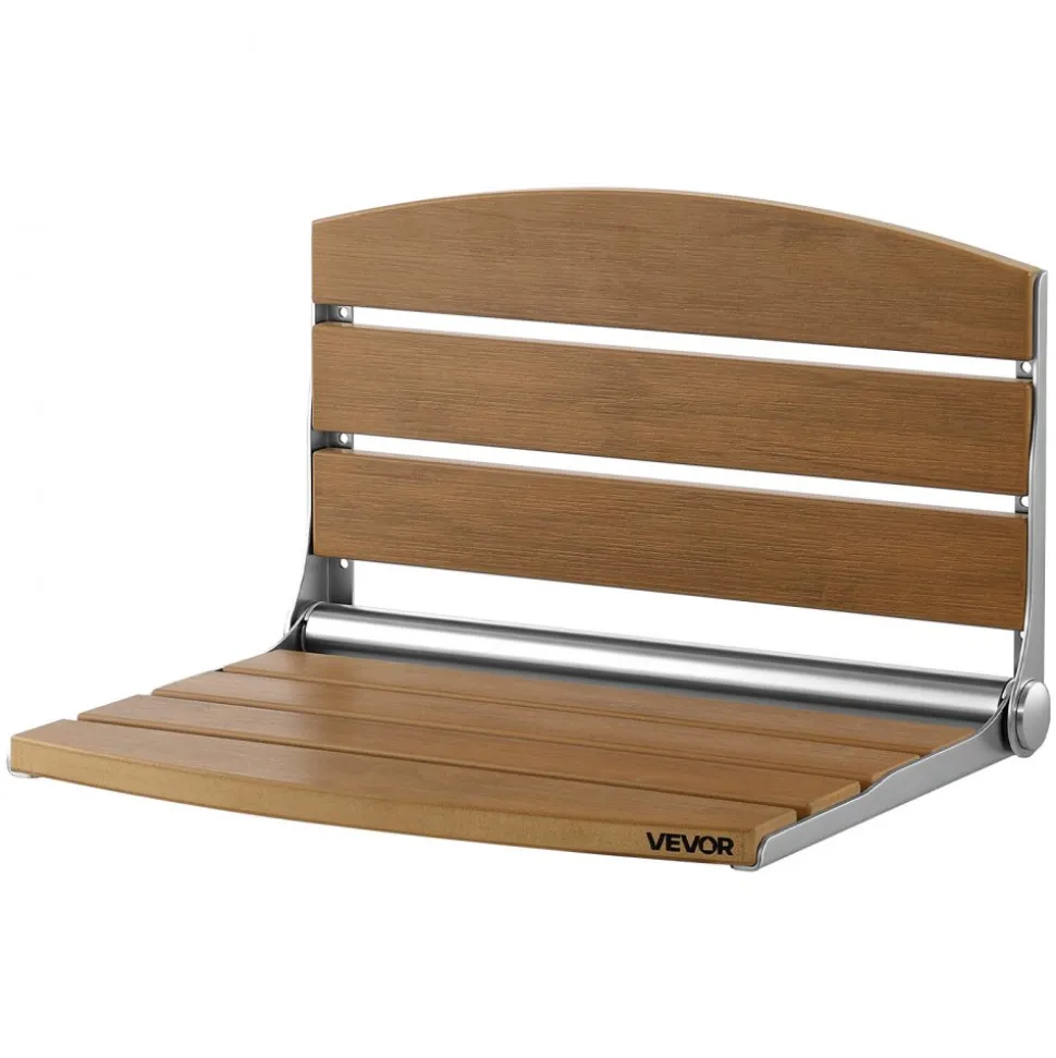 VEVOR Foldable Shower Seat Wall Mounted, 17.7" Folding Shower Bench with Supportive Backrest, Fold-Down Bathroom Corridor Seat with Stainless Steel Frame for Adults Seniors, 400LBS Loading