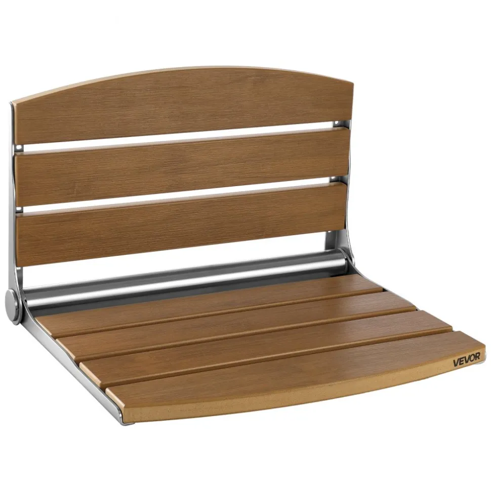 VEVOR Foldable Shower Seat Wall Mounted, 17.7" Folding Shower Bench with Supportive Backrest, Fold-Down Bathroom Corridor Seat with Stainless Steel Frame for Adults Seniors, 400LBS Loading