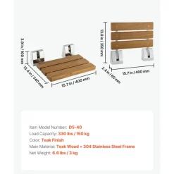 VEVOR Foldable Shower Seat Wall Mounted, 15.7" Teak Folding Shower Bench, 330LBS Fold-Down Bathroom Corridor Seat with Stainless Steel Frame for Adults Seniors, Waterproof & Easy-to-Clean
