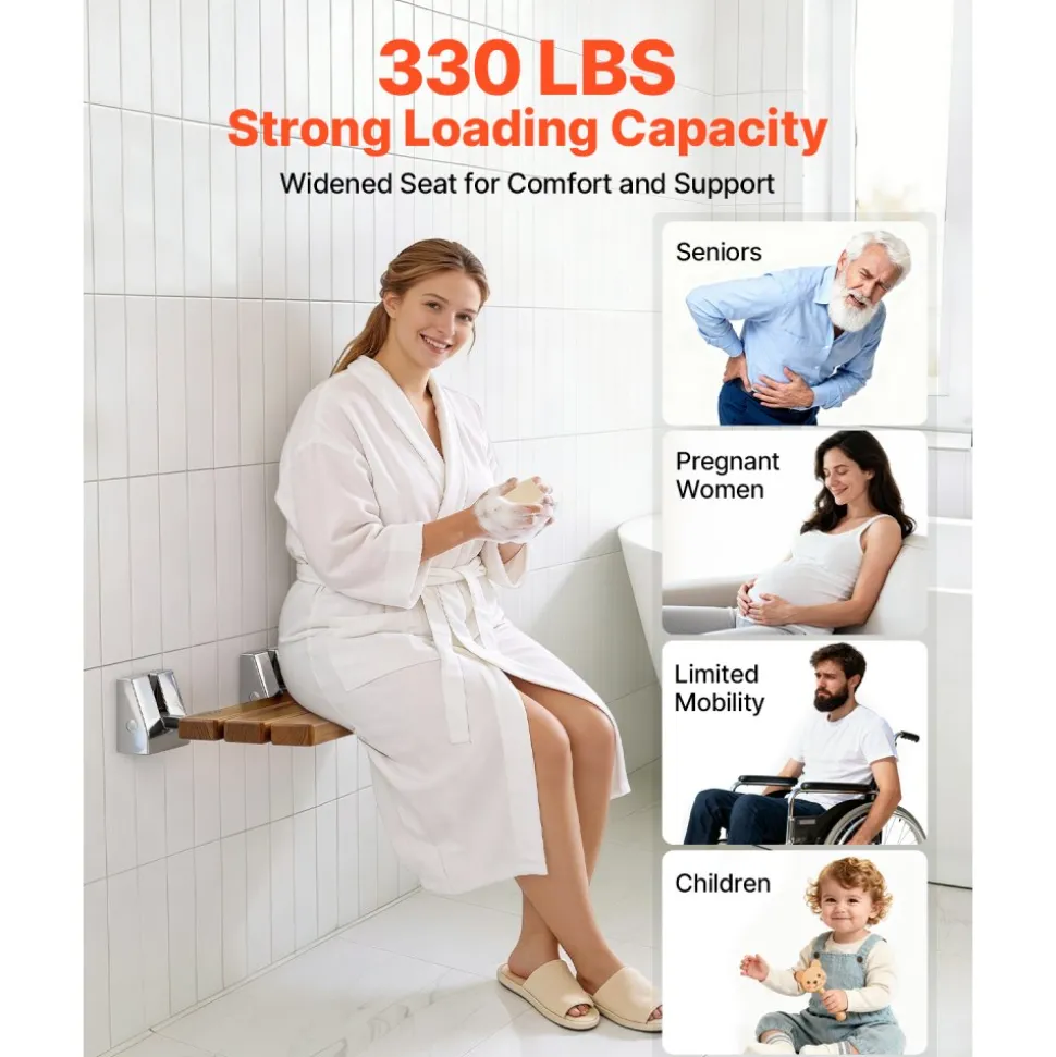 VEVOR Foldable Shower Seat Wall Mounted, 15.7" Teak Folding Shower Bench, 330LBS Fold-Down Bathroom Corridor Seat with Stainless Steel Frame for Adults Seniors, Waterproof & Easy-to-Clean