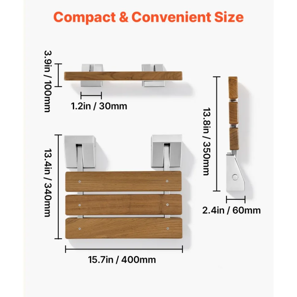 VEVOR Foldable Shower Seat Wall Mounted, 15.7" Teak Folding Shower Bench, 330LBS Fold-Down Bathroom Corridor Seat with Stainless Steel Frame for Adults Seniors, Waterproof & Easy-to-Clean
