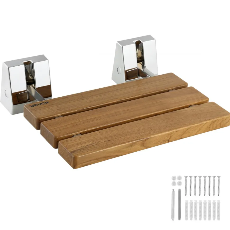 VEVOR Foldable Shower Seat Wall Mounted, 15.7" Teak Folding Shower Bench, 330LBS Fold-Down Bathroom Corridor Seat with Stainless Steel Frame for Adults Seniors, Waterproof & Easy-to-Clean