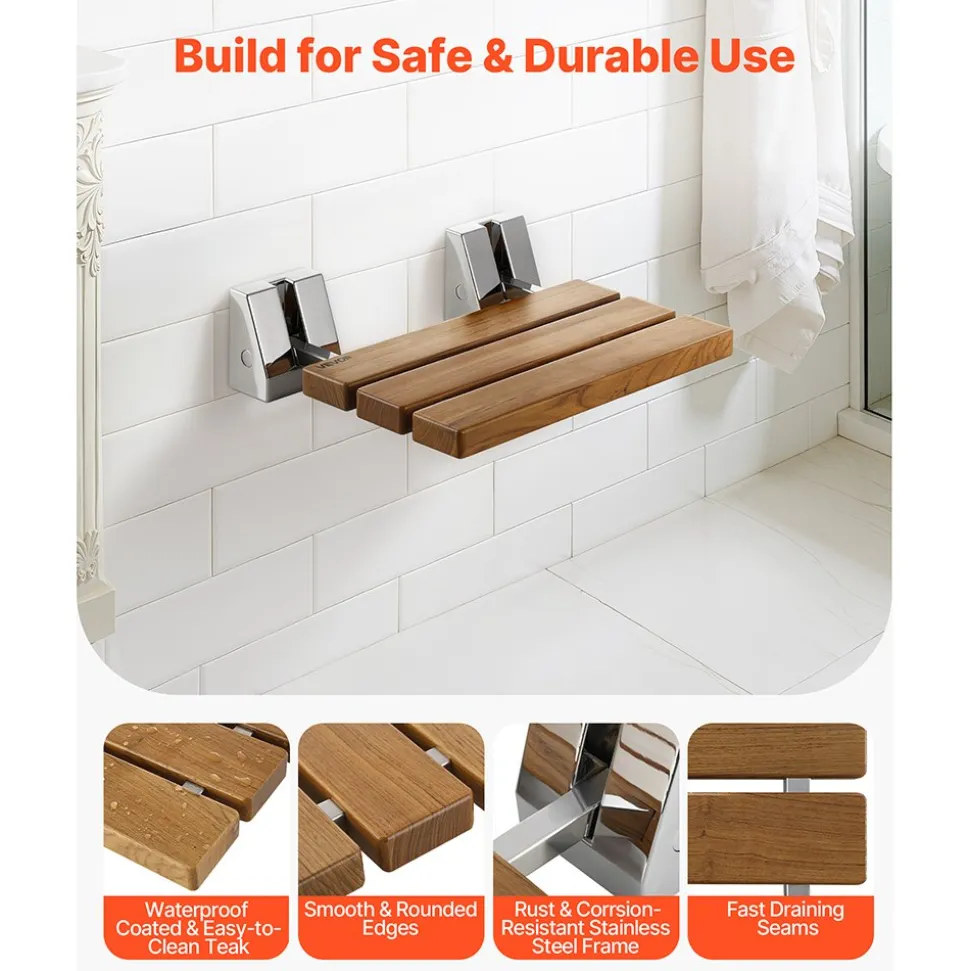 VEVOR Foldable Shower Seat Wall Mounted, 15.7" Teak Folding Shower Bench, 330LBS Fold-Down Bathroom Corridor Seat with Stainless Steel Frame for Adults Seniors, Waterproof & Easy-to-Clean
