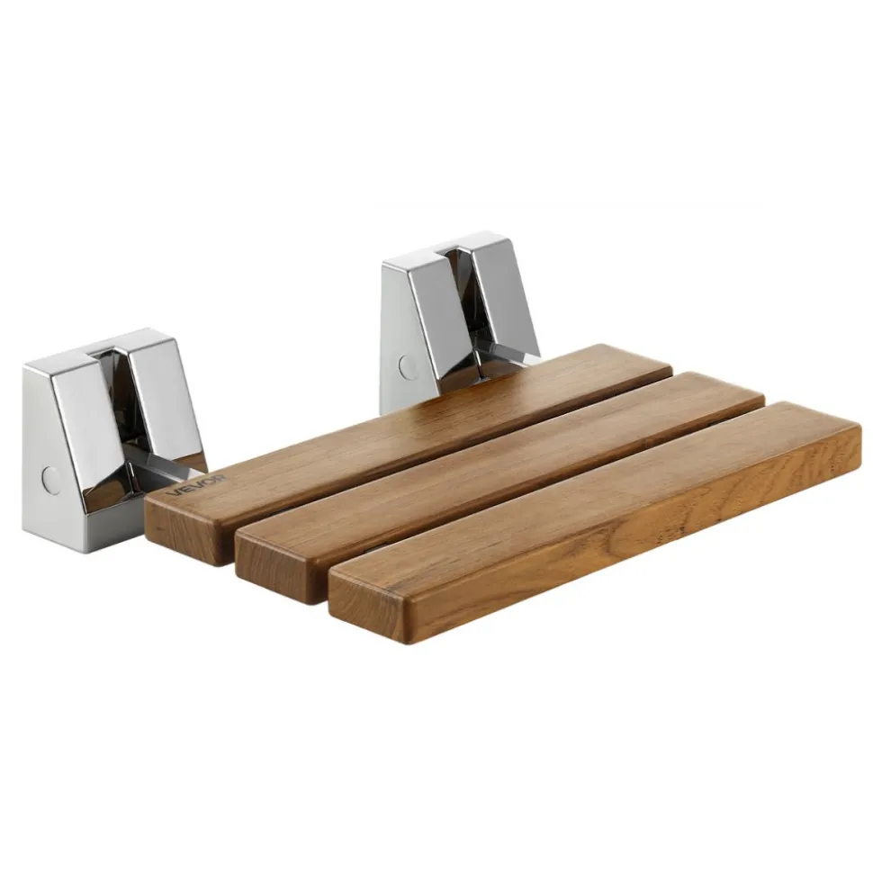 VEVOR Foldable Shower Seat Wall Mounted, 15.7" Teak Folding Shower Bench, 330LBS Fold-Down Bathroom Corridor Seat with Stainless Steel Frame for Adults Seniors, Waterproof & Easy-to-Clean