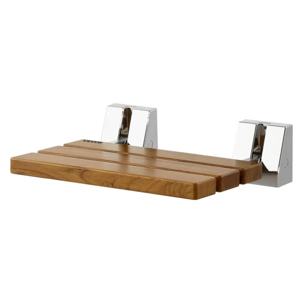 VEVOR Foldable Shower Seat Wall Mounted, 15.7" Teak Folding Shower Bench, 330LBS Fold-Down Bathroom Corridor Seat with Stainless Steel Frame for Adults Seniors, Waterproof & Easy-to-Clean
