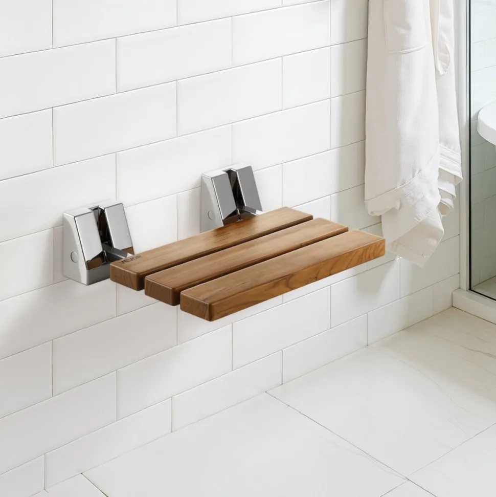 VEVOR Foldable Shower Seat Wall Mounted, 15.7" Teak Folding Shower Bench, 330LBS Fold-Down Bathroom Corridor Seat with Stainless Steel Frame for Adults Seniors, Waterproof & Easy-to-Clean
