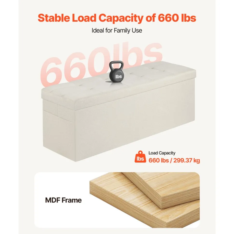 VEVOR Foldable Storage Ottoman Bench, End of Bed Bench with Side Bags, Folding Upholstered Storage Chest Supports 660 lbs, Linen Bed Ottoman with Large Space for Living Room, Bedroom, Entryway, Beige