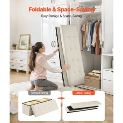 VEVOR Foldable Storage Ottoman Bench, End of Bed Bench with Side Bags, Folding Upholstered Storage Chest Supports 660 lbs, Linen Bed Ottoman with Large Space for Living Room, Bedroom, Entryway, Beige