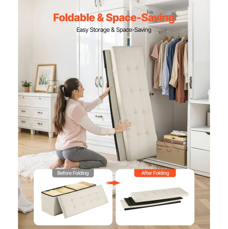 VEVOR Foldable Storage Ottoman Bench, End of Bed Bench with Side Bags, Folding Upholstered Storage Chest Supports 660 lbs, Linen Bed Ottoman with Large Space for Living Room, Bedroom, Entryway, Beige