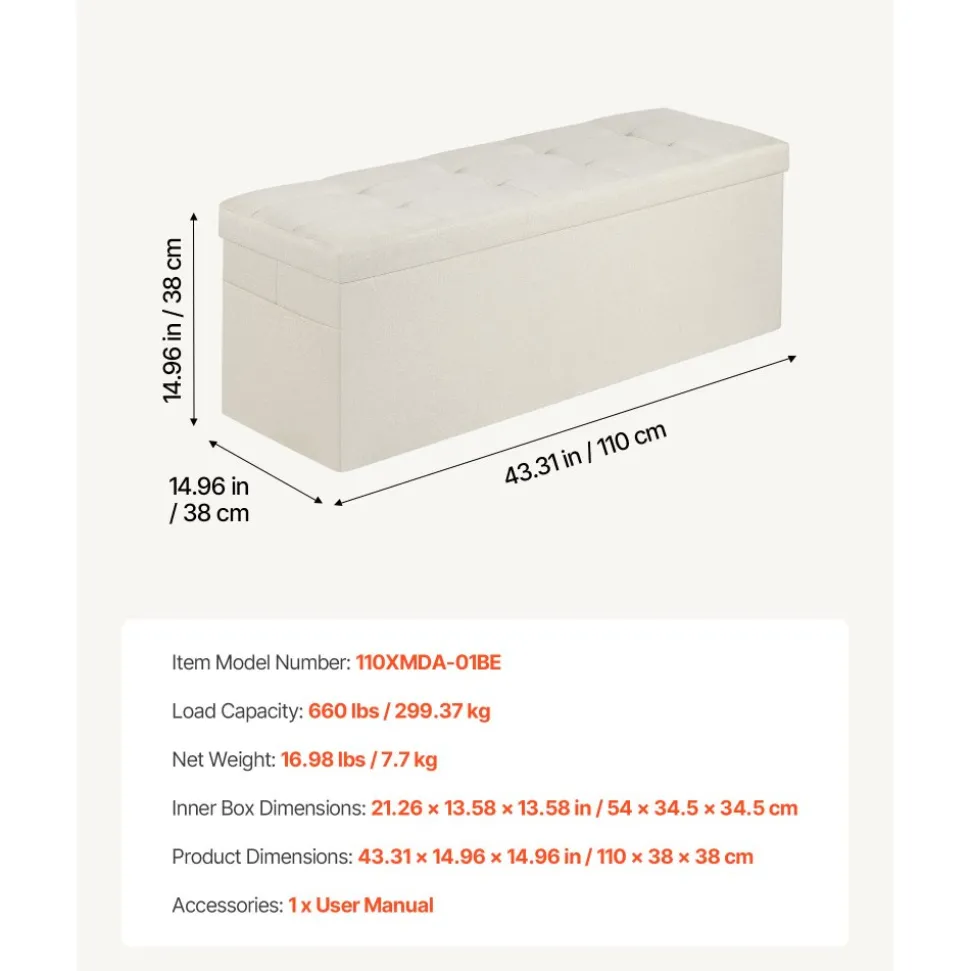 VEVOR Foldable Storage Ottoman Bench, End of Bed Bench with Side Bags, Folding Upholstered Storage Chest Supports 660 lbs, Linen Bed Ottoman with Large Space for Living Room, Bedroom, Entryway, Beige