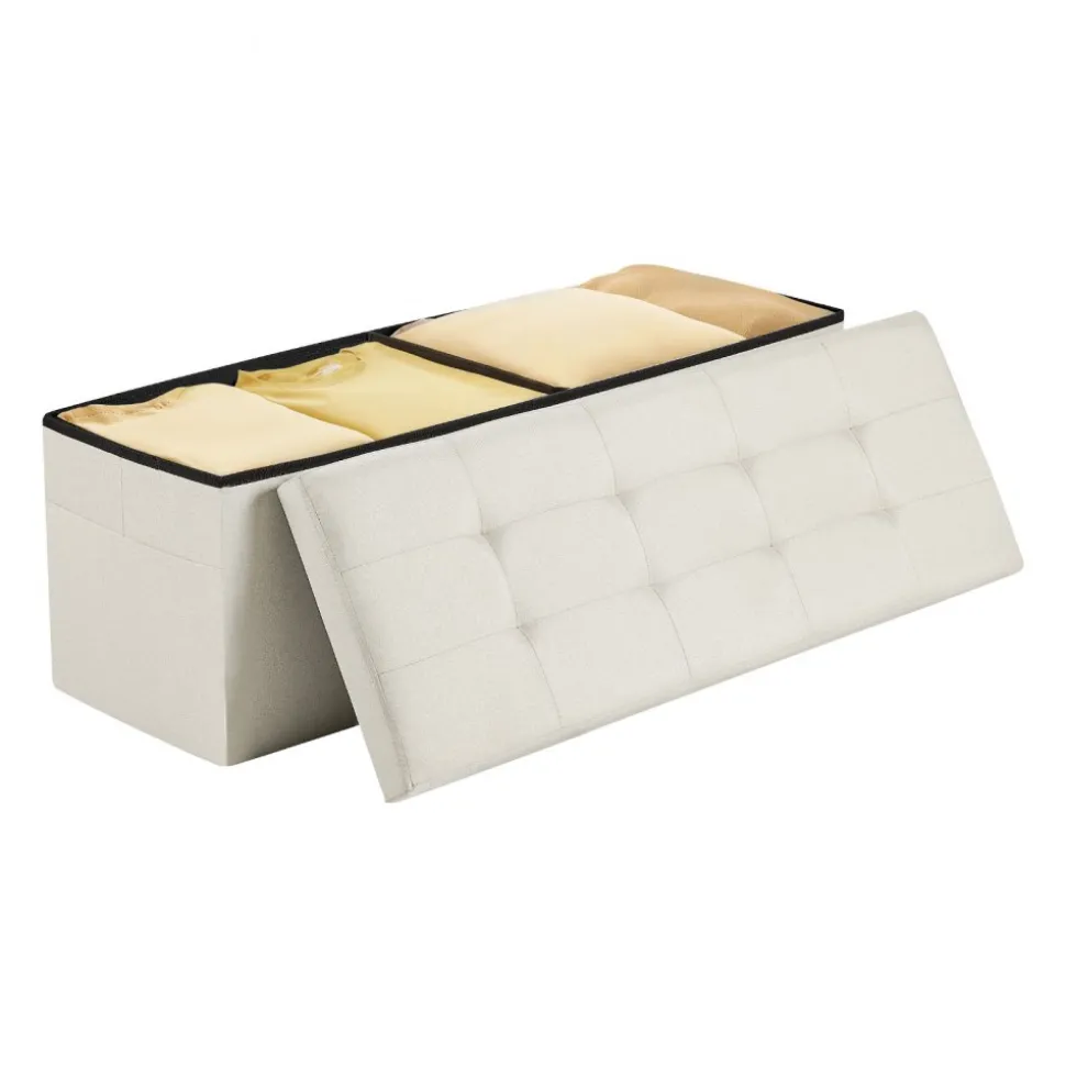 VEVOR Foldable Storage Ottoman Bench, End of Bed Bench with Side Bags, Folding Upholstered Storage Chest Supports 660 lbs, Linen Bed Ottoman with Large Space for Living Room, Bedroom, Entryway, Beige