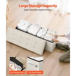 VEVOR Foldable Storage Ottoman Bench, End of Bed Bench with Side Bags, Folding Upholstered Storage Chest Supports 660 lbs, Linen Bed Ottoman with Large Space for Living Room, Bedroom, Entryway, Beige