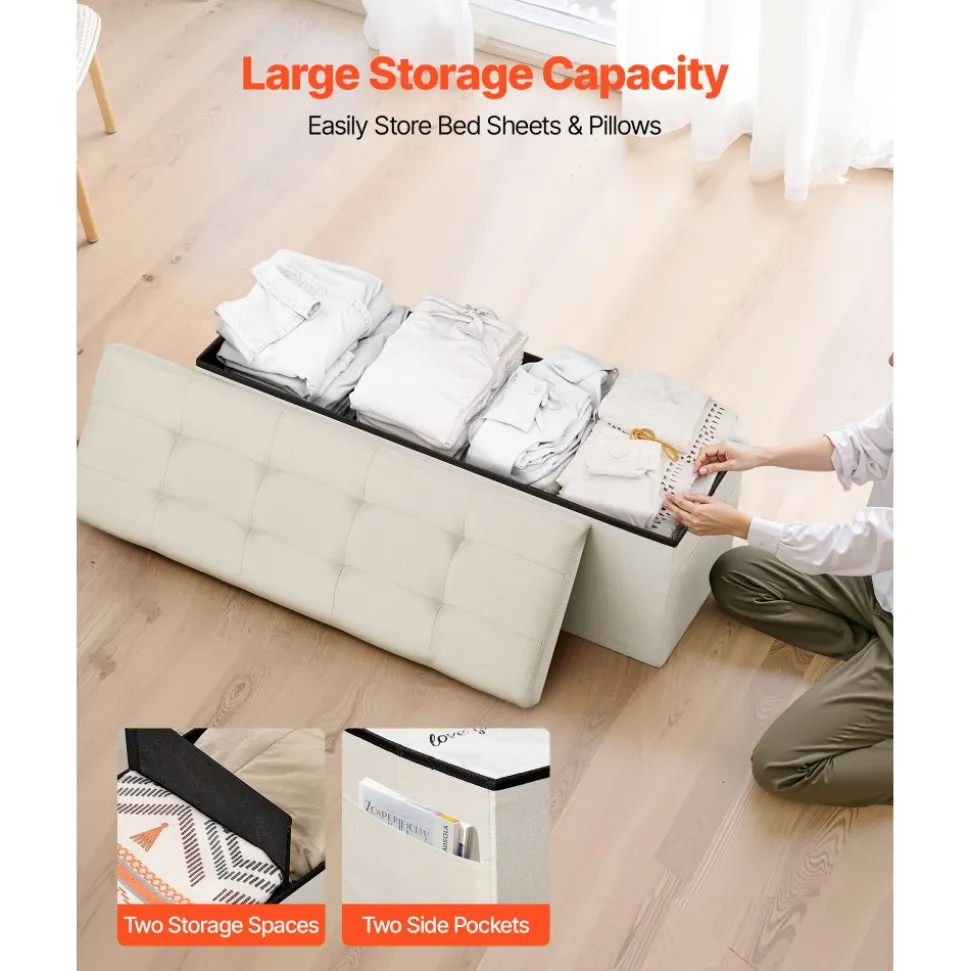 VEVOR Foldable Storage Ottoman Bench, End of Bed Bench with Side Bags, Folding Upholstered Storage Chest Supports 660 lbs, Linen Bed Ottoman with Large Space for Living Room, Bedroom, Entryway, Beige