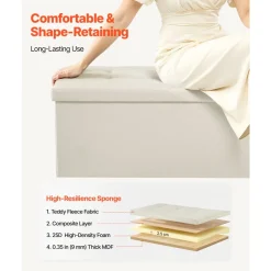 VEVOR Foldable Storage Ottoman Bench, End of Bed Bench with Side Bags, Folding Upholstered Storage Chest Supports 660 lbs, Linen Bed Ottoman with Large Space for Living Room, Bedroom, Entryway, Beige