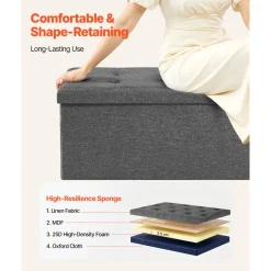 VEVOR Foldable Storage Ottoman Bench, End of Bed Bench with Side Bags, Folding Upholstered Storage Chest Supports 660 lbs, Linen Bed Ottoman with Large Space for Living Room, Bedroom, Entryway, Grey