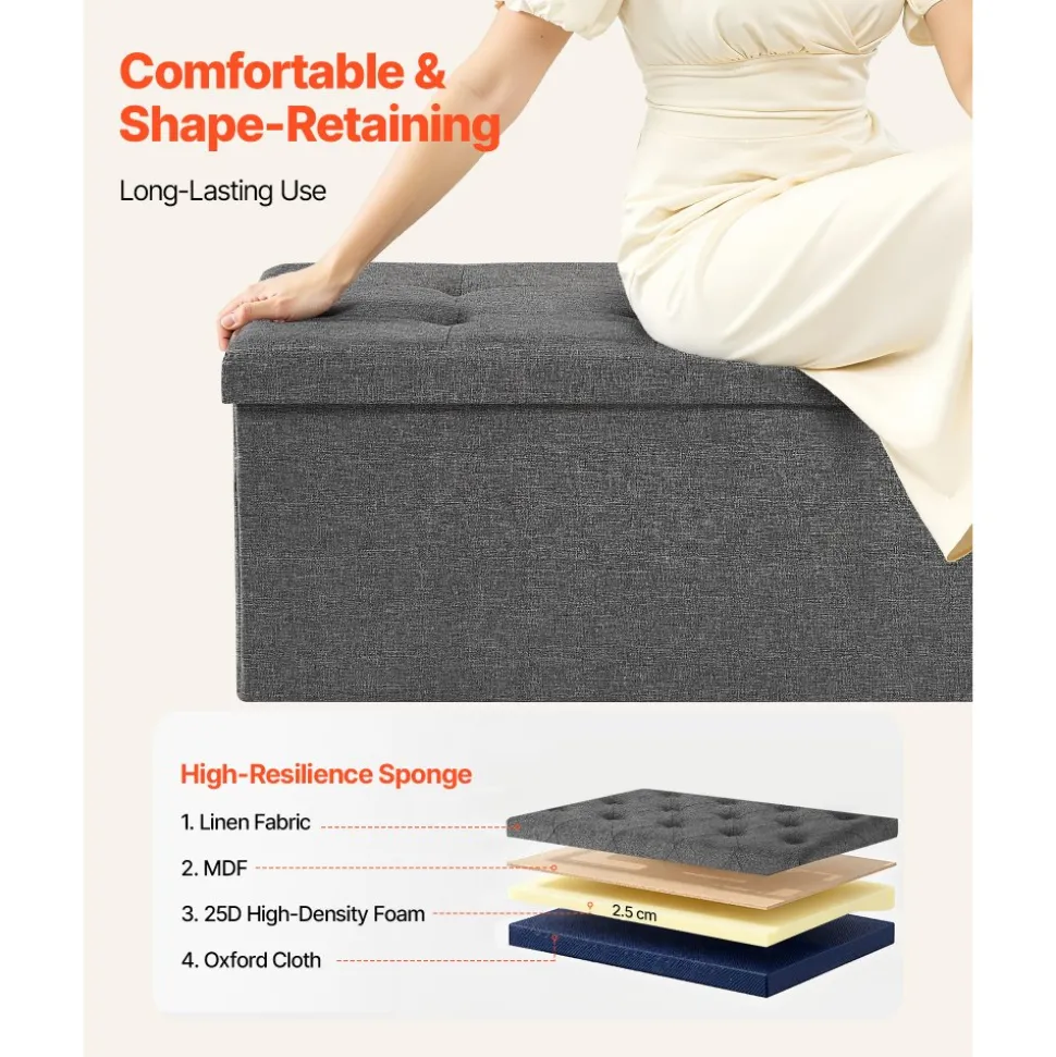 VEVOR Foldable Storage Ottoman Bench, End of Bed Bench with Side Bags, Folding Upholstered Storage Chest Supports 660 lbs, Linen Bed Ottoman with Large Space for Living Room, Bedroom, Entryway, Grey