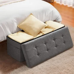VEVOR Foldable Storage Ottoman Bench, End of Bed Bench with Side Bags, Folding Upholstered Storage Chest Supports 660 lbs, Linen Bed Ottoman with Large Space for Living Room, Bedroom, Entryway, Grey