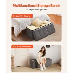 VEVOR Foldable Storage Ottoman Bench, End of Bed Bench with Side Bags, Folding Upholstered Storage Chest Supports 660 lbs, Linen Bed Ottoman with Large Space for Living Room, Bedroom, Entryway, Grey