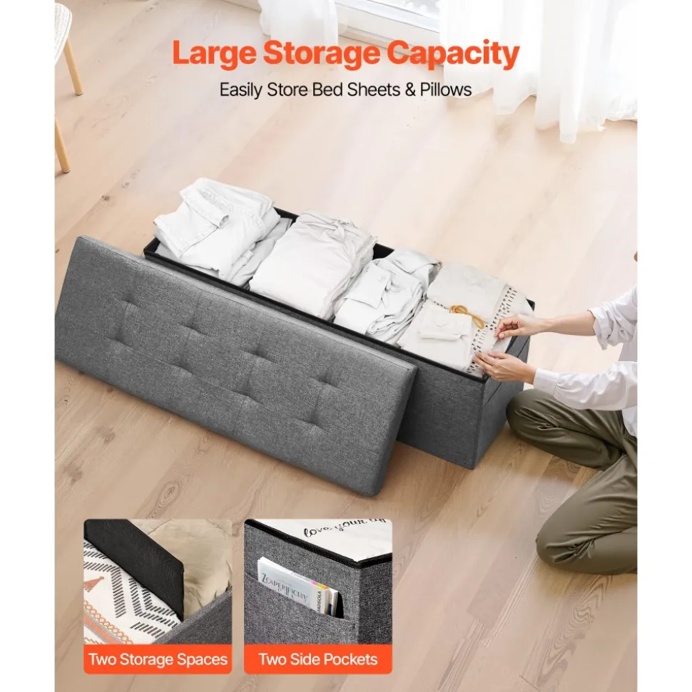 VEVOR Foldable Storage Ottoman Bench, End of Bed Bench with Side Bags, Folding Upholstered Storage Chest Supports 660 lbs, Linen Bed Ottoman with Large Space for Living Room, Bedroom, Entryway, Grey