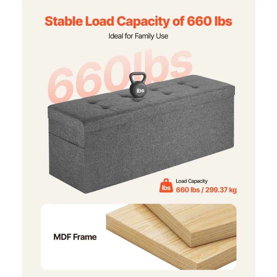 VEVOR Foldable Storage Ottoman Bench, End of Bed Bench with Side Bags, Folding Upholstered Storage Chest Supports 660 lbs, Linen Bed Ottoman with Large Space for Living Room, Bedroom, Entryway, Grey