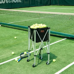 VEVOR Foldable Tennis Ball Hopper, Holds 180 Tennis Balls, Lightweight Aluminum Alloy Tennis Ball Basket Cart with Wheels, Removable Bag, Carry Bag, Portable Sports Teaching Cart for Tennis Player