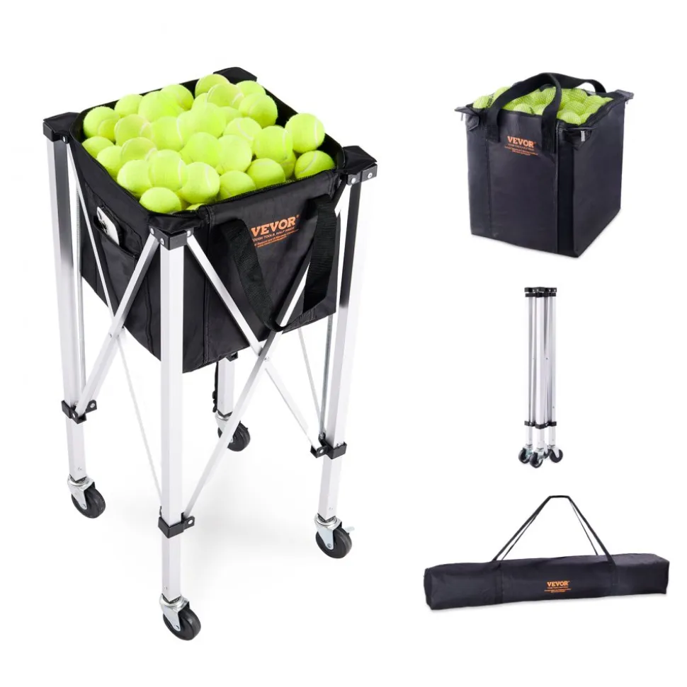 VEVOR Foldable Tennis Ball Hopper, Holds 180 Tennis Balls, Lightweight Aluminum Alloy Tennis Ball Basket Cart with Wheels, Removable Bag, Carry Bag, Portable Sports Teaching Cart for Tennis Player