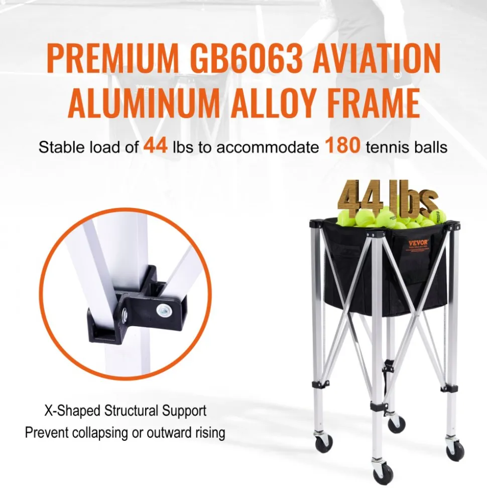VEVOR Foldable Tennis Ball Hopper, Holds 180 Tennis Balls, Lightweight Aluminum Alloy Tennis Ball Basket Cart with Wheels, Removable Bag, Carry Bag, Portable Sports Teaching Cart for Tennis Player