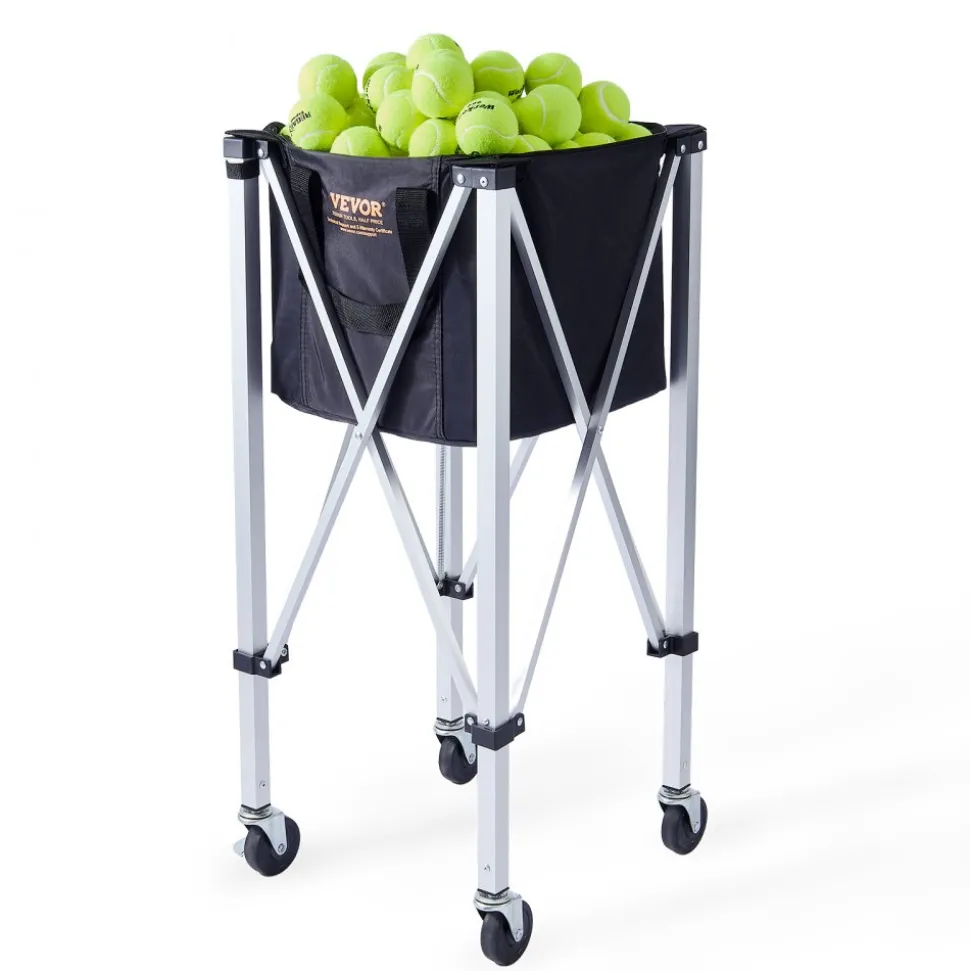 VEVOR Foldable Tennis Ball Hopper, Holds 180 Tennis Balls, Lightweight Aluminum Alloy Tennis Ball Basket Cart with Wheels, Removable Bag, Carry Bag, Portable Sports Teaching Cart for Tennis Player