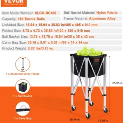 VEVOR Foldable Tennis Ball Hopper, Holds 180 Tennis Balls, Lightweight Aluminum Alloy Tennis Ball Basket Cart with Wheels, Removable Bag, Carry Bag, Portable Sports Teaching Cart for Tennis Player