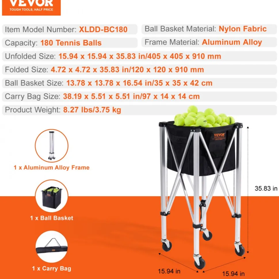 VEVOR Foldable Tennis Ball Hopper, Holds 180 Tennis Balls, Lightweight Aluminum Alloy Tennis Ball Basket Cart with Wheels, Removable Bag, Carry Bag, Portable Sports Teaching Cart for Tennis Player