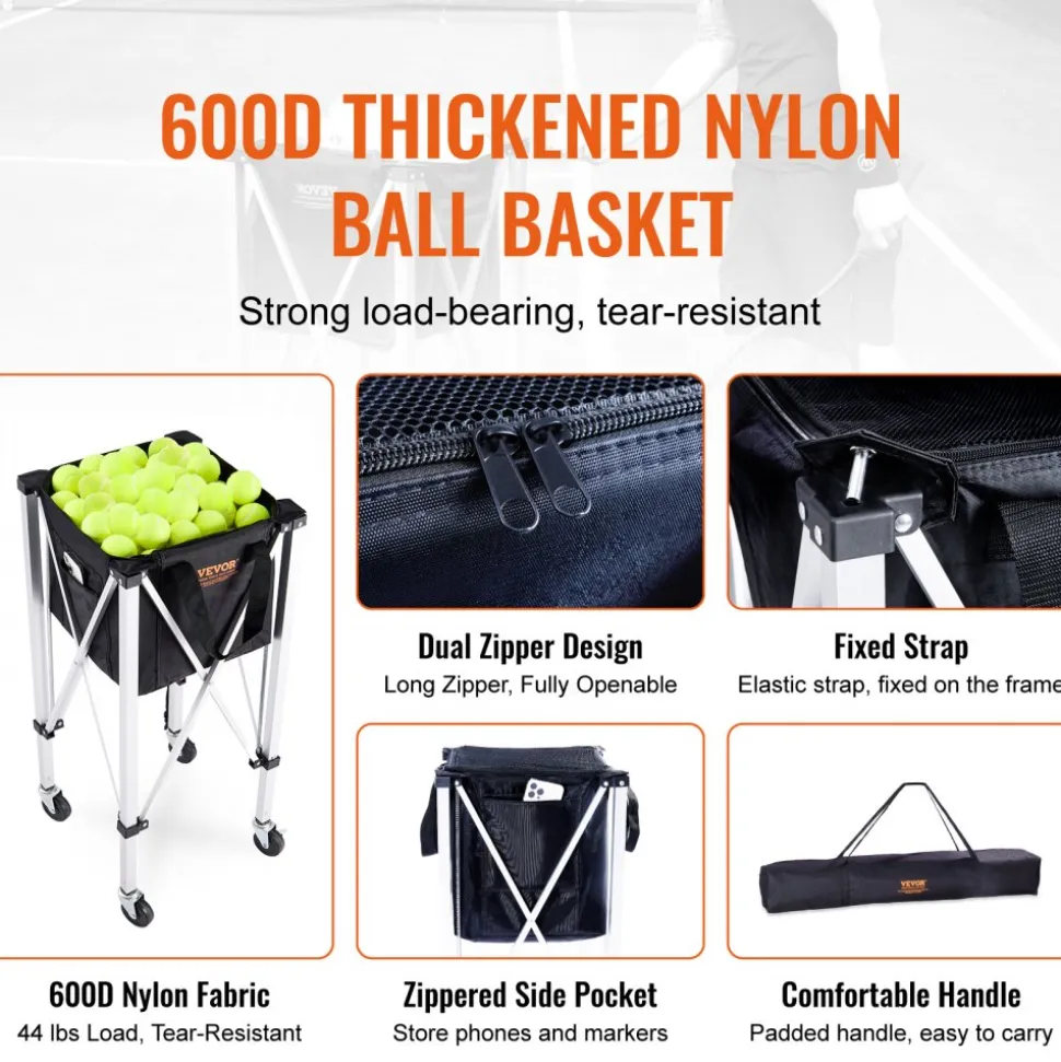VEVOR Foldable Tennis Ball Hopper, Holds 180 Tennis Balls, Lightweight Aluminum Alloy Tennis Ball Basket Cart with Wheels, Removable Bag, Carry Bag, Portable Sports Teaching Cart for Tennis Player