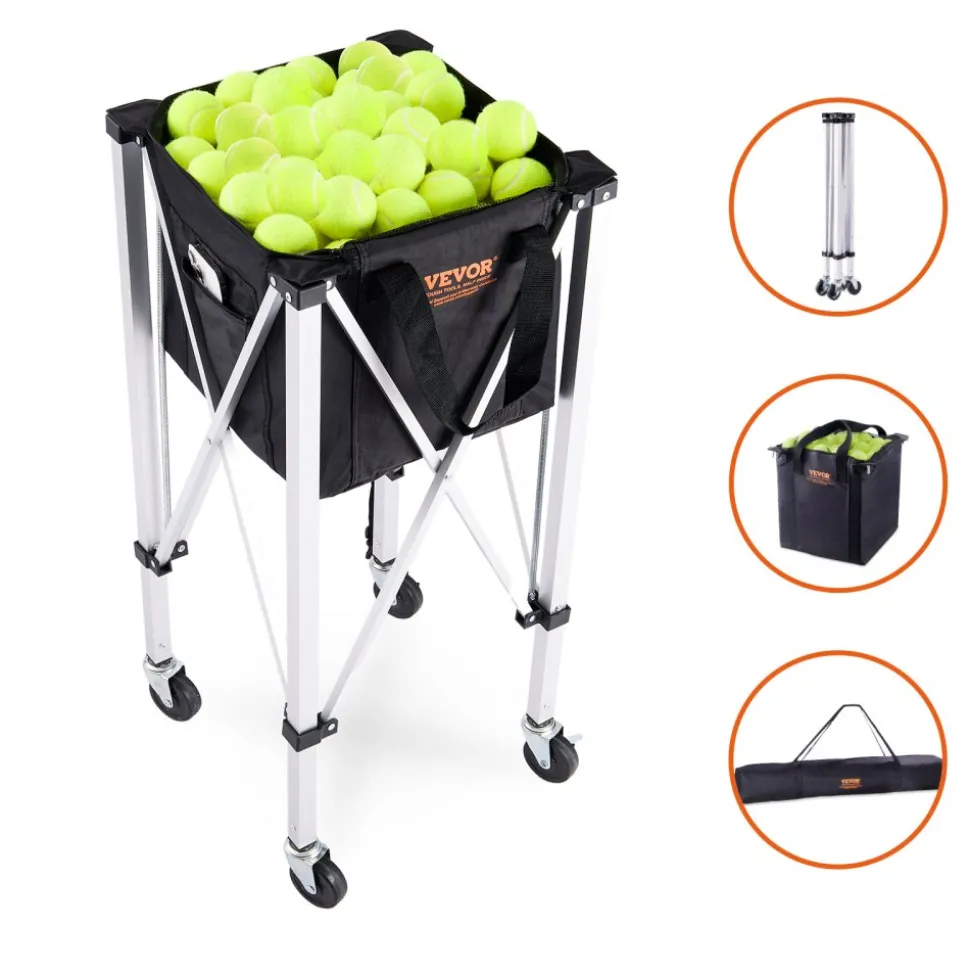 VEVOR Foldable Tennis Ball Hopper, Holds 180 Tennis Balls, Lightweight Aluminum Alloy Tennis Ball Basket Cart with Wheels, Removable Bag, Carry Bag, Portable Sports Teaching Cart for Tennis Player